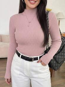Dazy Plus Solid Color Casual Ribbed Fitted Elegant Versatile Mock Neck Pink Sweater Pullover Autumn/Winter - Pink - View 4