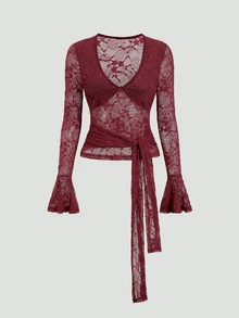 Sweetra Y2K Sexy Lace Deep V-Neck Bell Sleeve Elegant Tie-Front Slimming Top - Burgundy - View 5