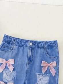 SHEIN Baby Girl Personalized Bow Decor Button Distressed Leggings - Blue - View 4