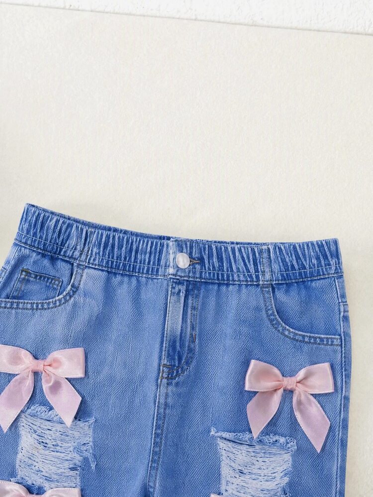 SHEIN Baby Girl Personalized Bow Decor Button Distressed Leggings - Blue - View 4
