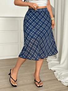 Vionelle Plus Size Vintage Casual Versatile Daily Sweet Girl Chiffon Plaid Skirt - Navy Blue - View 3