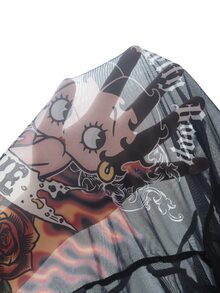 Betty Boop x SHEIN 女款卡通印花透視網紗短版上衣 - 黑色 - 查看 9