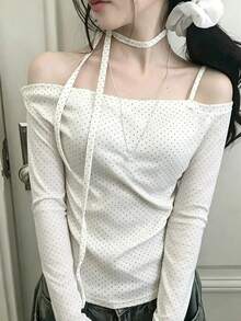 DAZY 女款甜美春雨短袖夏季T恤，垂領設計，不對稱肩帶，蝴蝶結肩帶與波點布料 - 白色 - 查看 2