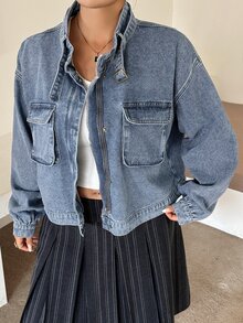 Dazy Plus Jaket Denim Vintage dengan Resleting Depan, Kantong Longgar, Kerah Tegak, Lengan Panjang, Cocok untuk Musim Semi, Musim Panas, dan Musim Gugur. - Medium Wash - View 5