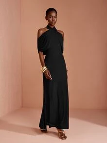 JIAN LASALA Solid Cross Wrap Halter Neck Mermaid Hem Maxi Dress - Black - View 5