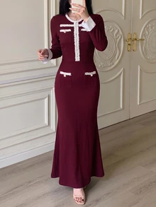 Modelyn Women's French Style Gentle Burgundy Textured Long Sleeve Chunky Knit Raw Edge Pearl Button Decorated Waist-Cinching Slimming Mermaid Mid-Length Bodycon Skirt - Burgundy - View 5