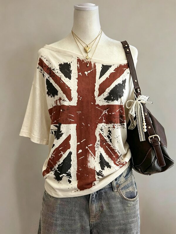 Lalippa Camiseta de moda para mujer con cuello asimétrico y estampado de la bandera del Reino Unido