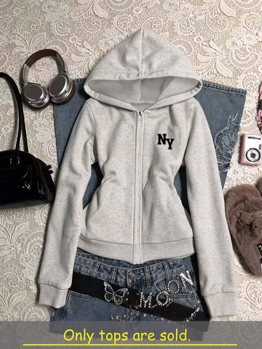 IslaSuriya 女款修身休閒連帽拉鍊運動衫,適合日常通勤穿著,秋冬女上衣,最新款紐約圖案運動衫 - 彩色 - 查看 1
