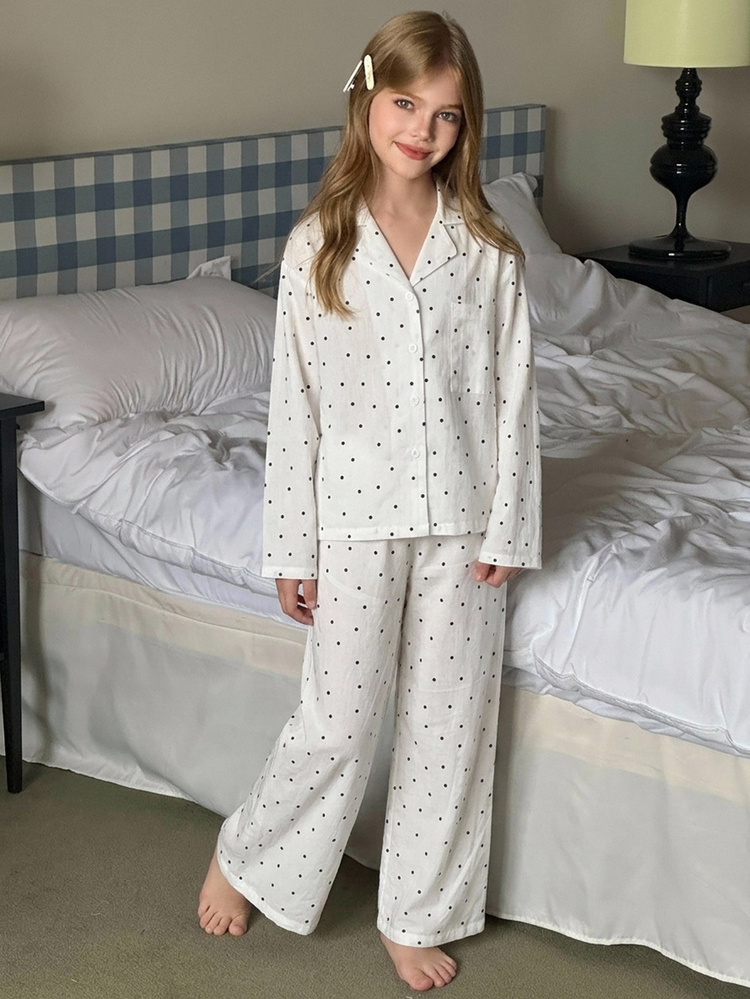 DAZY Tween Girl Fall Clothes Tween Girl) Round Neck Knitted Printed Short Sleeve T-Shirt + Plaid Pajama Pants Loungewear Set - White - View 8