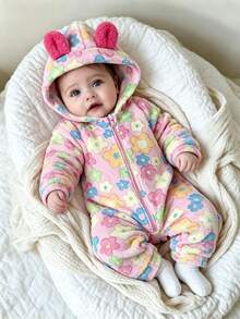 SHEIN Baby Girl Toddler Fuzzy Jumpsuit Cute Funny Pink Colorful 3D Ears Floral Long Sleeve Hooded Thick Birthday Winter Halloween Autumn Zipper - Multicolor - View 4