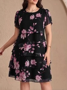 SHEIN Clasi Plus Size Fashion Floral Print Round Neck Dress For Vacation - Black - View 8