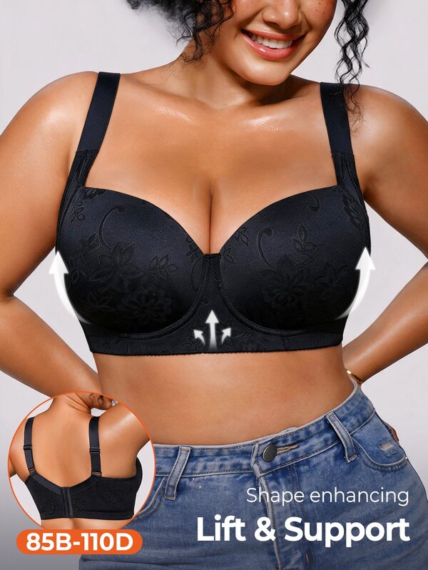 Bareli Dear Plus Size Black Underwire Bra With Non-Slip Wide Strap, 1pc