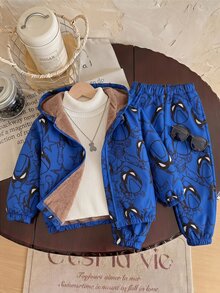 SHEIN 1件男童星星圖案長袖保暖內裡連帽外套 - 寶藍色 - 查看 4