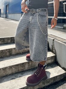 Manfinity EMRG Celana Jeans Pria Model Longgar, Potongan Pendek, Model Kaki Lebar, Kasual, dengan Kantong - Grey - View 1