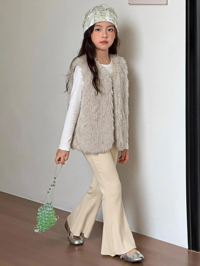 Dazy Kids (Gadis Remaja) Set Sweater 2 potong: Atasan Rompi Bulu Tanpa Lengan + Celana Kasual Bulu Model Lebar