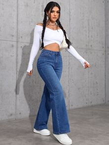 Jeanoix Quần jeans xanh denim co giãn lót nỉ ống đứng nữ size lớn phong cách Y2K Cowgirl - Rửa trung bình - Xem 5