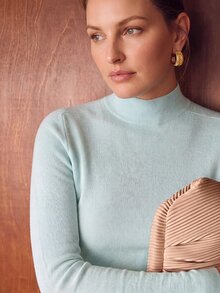 MOTF PREMIUM PLUS SIZE WOMEN'S SOLID COLOR MOCK NECK RIBBED KNIT SWEATER - Blue and White - View 5