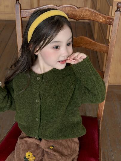 DAZY Baby Girl Casual Solid Color Single-Breasted Long Sleeve Sweater, Preppy Style Fall