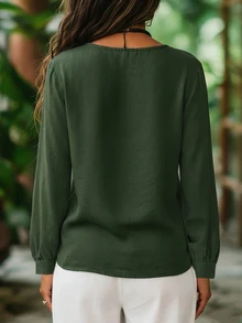 Holdful Holdful Women's Fashion Versatile Asymmetric Button Long Sleeve Shirt - Dark Green - View 2