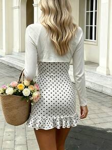 Cévolie Women's Off-White White Polka Dot Print Bandeau Mini Dress Front Button Decor Ruffle Hem Slim Fit Cardigan Elegant French Cute Romantic 2 Pieces Set - White - View 2
