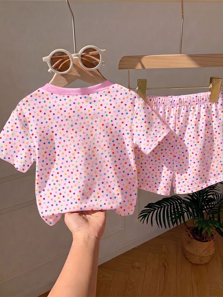 Baby Girl Simple Casual Cute Summer Ice Cream Pattern, Colorful Polka Dot Print, Sweet Creamy Style, Vacation Style, Round Neck Short Sleeve T-Shirt & Leggings Set, Suitable For Spring And Summer, Graphic, Cozy, Girls Outfit Sets, Y2K, Kawaii - Multicolor - View 2