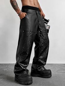 PAVTROS Men's Fashion Spider Web Embroidery Patchwork Long Pants - Black - View 3