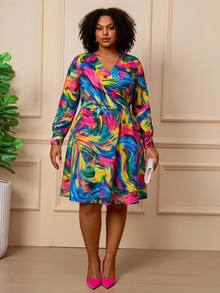 BrightlyHer Plus Size Women's Colorful Tie-Dye Print V-Neck Long Sleeve Cross Front Casual Dress Fall 2026 - Multicolor - View 5