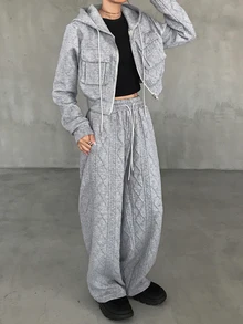 FRIFUL Damen 2er Set Reißverschluss Langarm Kapuzenpullover und Hose mit Kordelzug Taille und Taschen - Grau - Übersicht 3