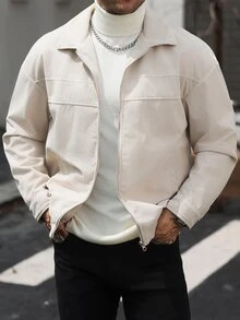 Manfinity CasualCool Men's Casual Jacket With Turn-Down Collar, Corduroy Zip-Up Cardigan - Beige - View 5