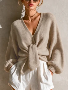 SHEIN Heather Beige Knotted Front Knit Top, Loose Balloon Sleeve Cropped Sweater, Soft Casual V Neck Knitw - Khaki - View 7