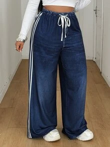 Maweii Plus Size Navy Blue Effect Print Contrast Stripe Drawstring Waist Sweatpants Airport Workout Summer Casual Western - Multicolor - View 3
