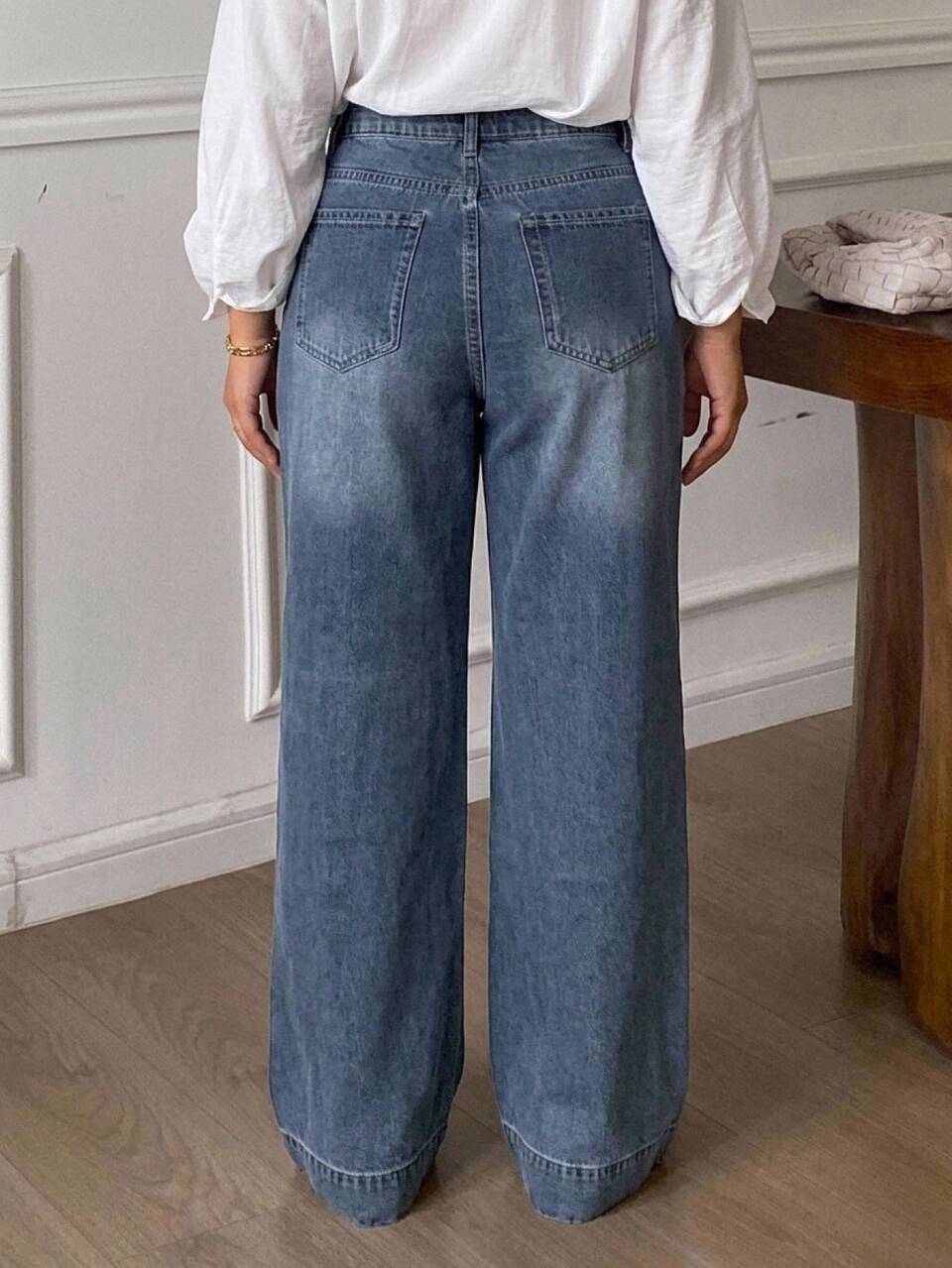 Dazy Plus Vintage Washed Distressed Multi-Button Loose Straight Leg Wide Leg Long Denim Pants All Season Fall