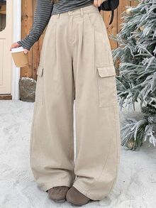 Dazy Plus Solid Color Casual Traditional Side Pocket Cargo Pants Street Loose Wide Leg Curved Leg Denim Jeans Autumn Formal Going Out Grey - Apricot - View 4