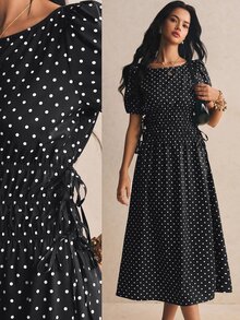 Poéselle Vestido largo casual de mujer con lunares y plisado para fiesta y viaje - Negro - Ver 1
