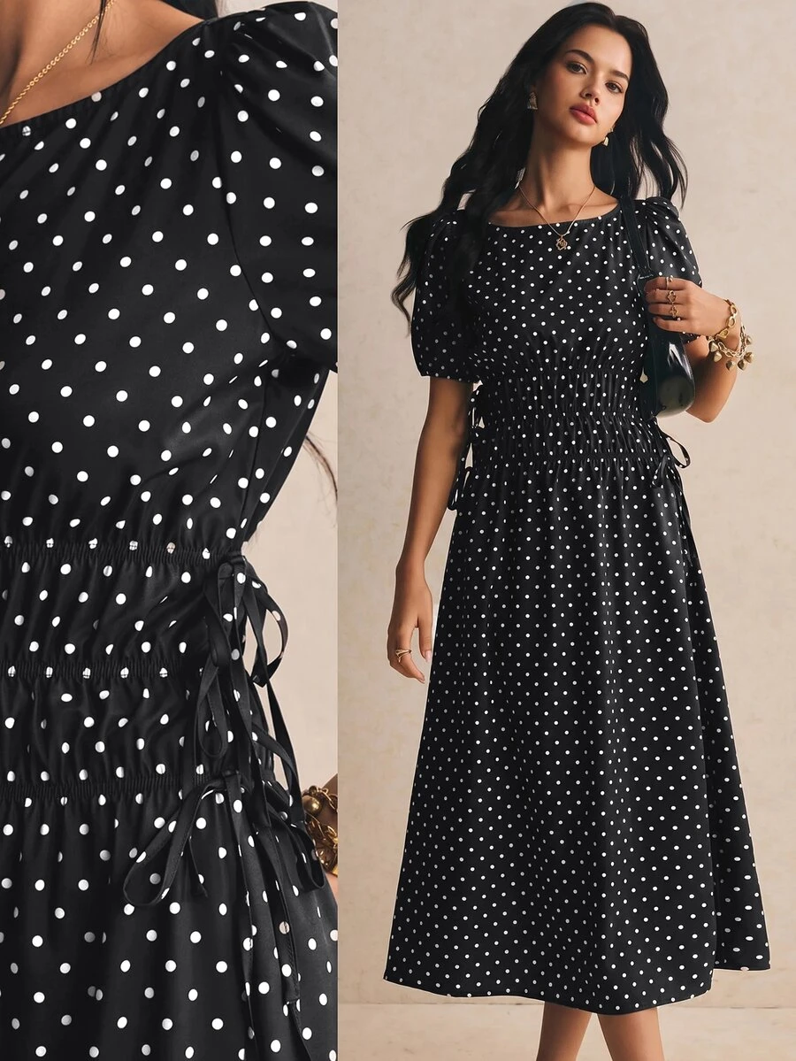 Poéselle Vestido largo casual de mujer con lunares y plisado para fiesta y viaje - Negro - Ver 1