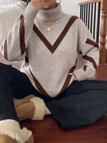 Elenzga 秋冬大尺碼拼色V領高領毛衣，寬鬆修身復古休閒軟針織套頭衫 - 棕色 - 查看 6