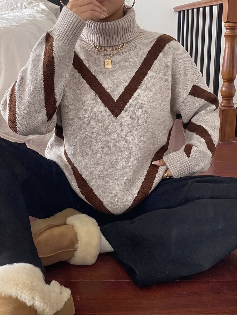 Elenzga Autumn/Winter Plus Size Colorblock V-Neck High Collar Sweater, Loose Fit Flattering Retro Casual Soft Knit Pullover - Brown - View 1