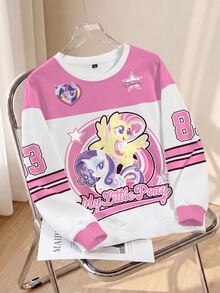 My Little Pony X SHEIN Plus Size Color Block Patchwork Cartoon Print Crew Neck Sweatshirt Fall - White - View 1