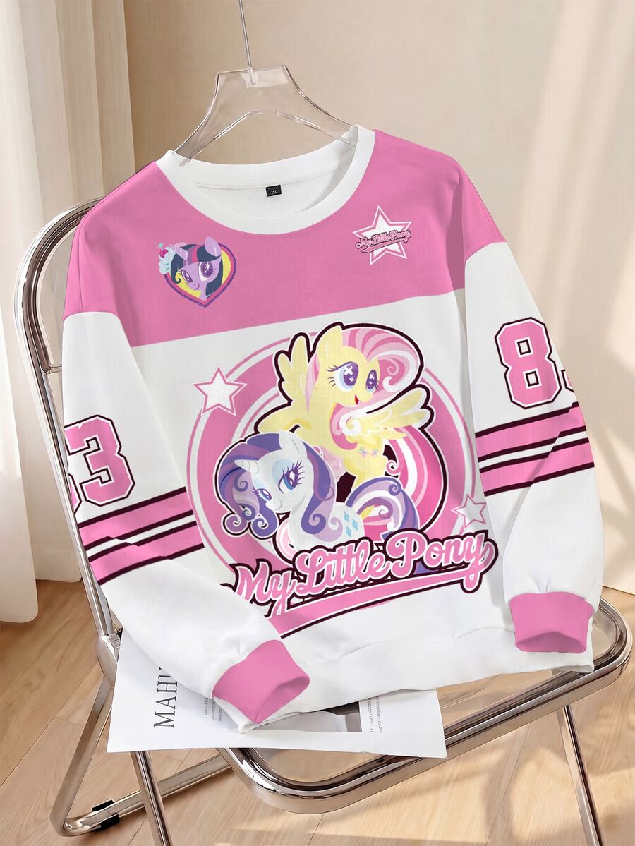 My Little Pony X SHEIN Plus Size Color Block Patchwork Cartoon Print Crew Neck Sweatshirt Fall - White - View 1