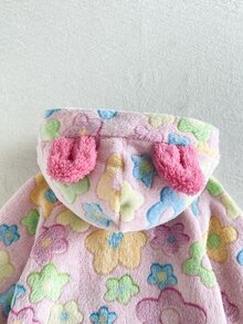 SHEIN Baby Girl Toddler Fuzzy Jumpsuit Cute Funny Pink Colorful 3D Ears Floral Long Sleeve Hooded Thick Birthday Winter Halloween Autumn Zipper - Multicolor - View 8