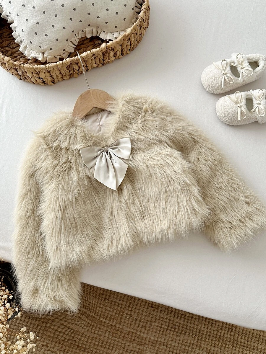 LMoss Kids Young Girl Woven Solid Kids Color Faux Fur Bow Casual Winter Jacket - White - View 1