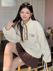 Dazy Plus Contrast Trim Letter Embroidery Loose Fleece Thickened Autumn/Winter Sweatshirt - Apricot - View 8