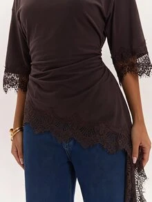 SHEIN BAE 女款優雅通勤蕾絲拼接不對稱下擺上衣 - 黑色 - 查看 6