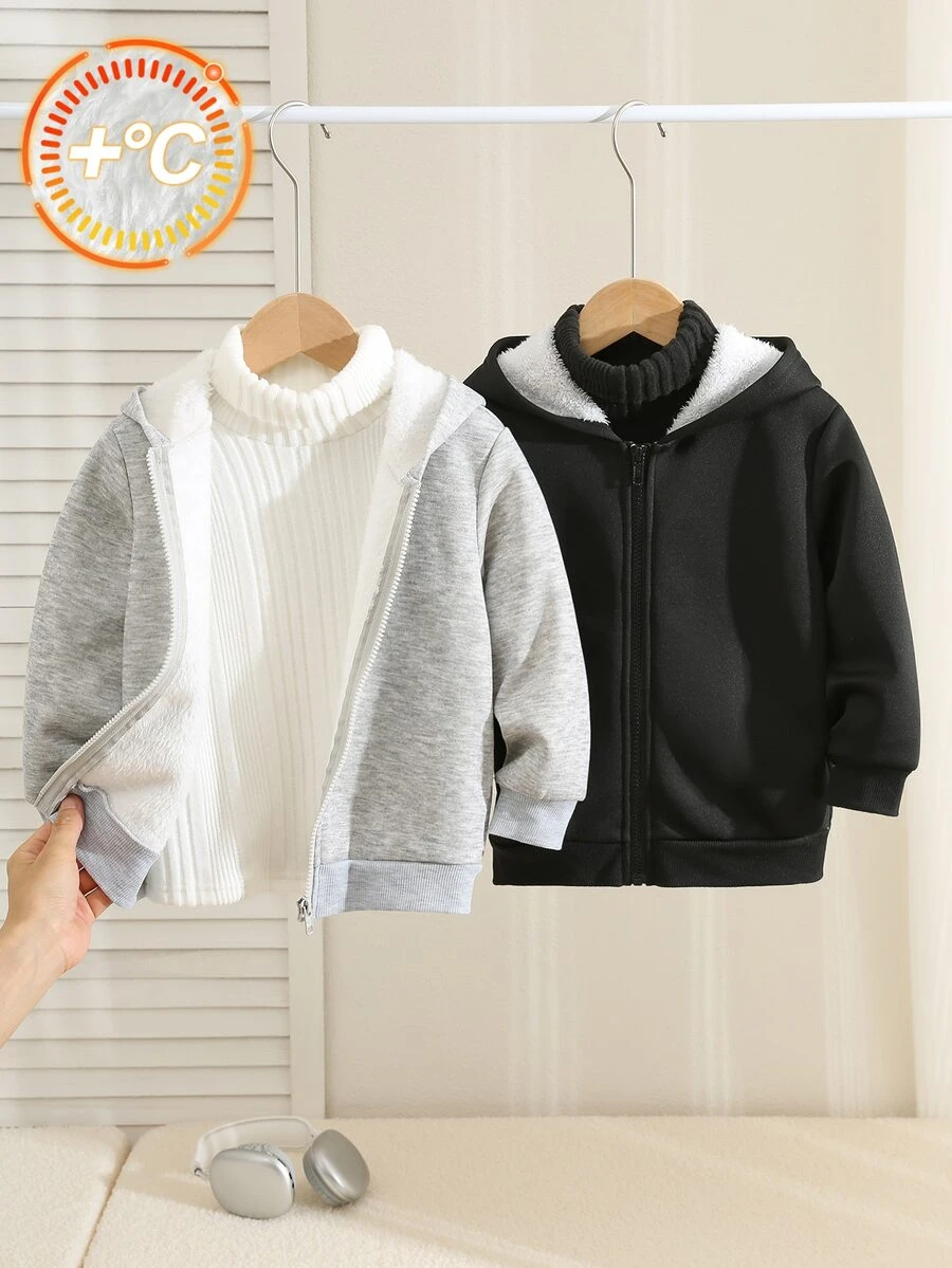 SHEIN 小男孩 2件組 複合保暖內裡拉鍊連帽衛衣與拉鍊衛衣 - 彩色 - 查看 1