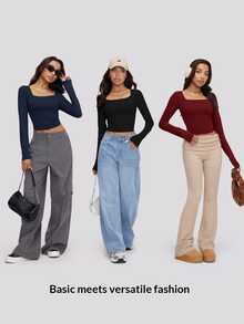 SHEIN BASICS 3件組女款純色針織長袖修身方領短版T恤，夏季服飾 - 彩色 - 查看 9