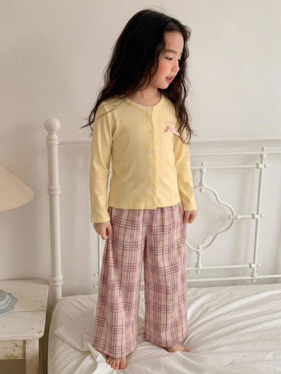DAZY Young Girl Bow Decor Button Knit Top And Plaid Long Pants Loungewear Set