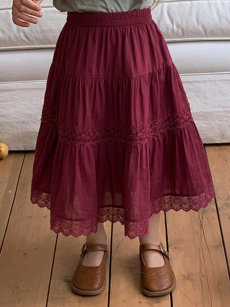DAZY Young Girl A-Line Loose Fit Contrast Lace Design Skirt - Burgundy - View 6