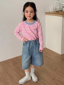 Dazy Kids 女童秋季休閒條紋長袖T恤 - 珊瑚粉 - 查看 5