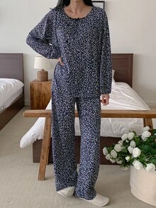 DAZY Women's Minimalist Polka Dot Print Long Sleeve Top And Casual Long Pants Pajama Set - Navy Blue - View 7