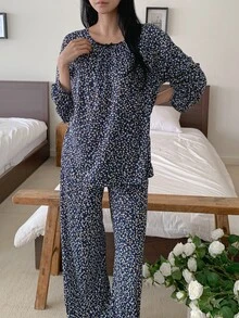 DAZY Women's Minimalist Polka Dot Print Long Sleeve Top And Casual Long Pants Pajama Set - Navy Blue - View 3